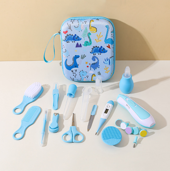 Blue 20Pcs Baby Grooming Kit with Storage Case, Newborn Nail Clipper, Hair Brush, Tweezers, Comb, Scissors, Ear Spoon Set
