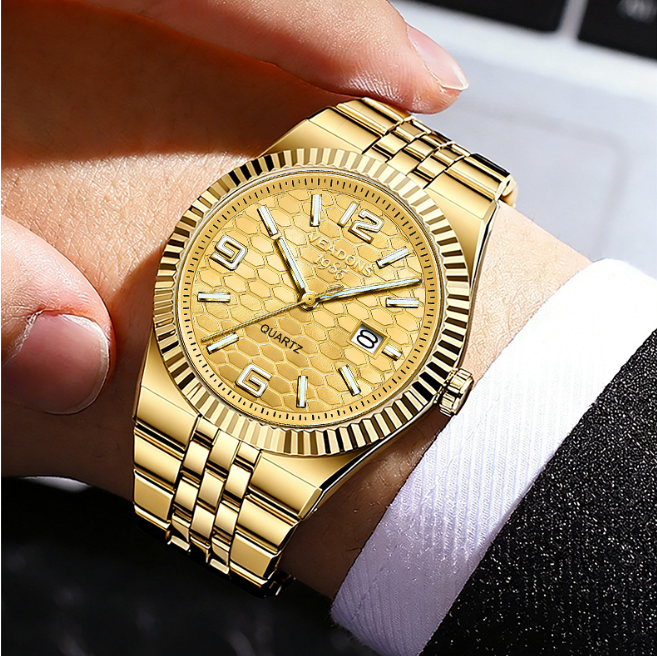 Men's Diamond-Accent Quartz Watch – Luminous Date Display, 3D Grid Dial, Waterproof, Gift Box – Business Casual Style