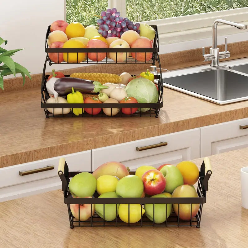 3-Tier Metal Fruit & Vegetable Storage Basket with Hooks – Space-Saving Kitchen Organizer for Countertop, Pantry & Bathroom, Heavy Duty & Rust-Proof Design