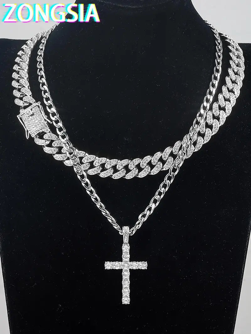 Men's Fashion Jewelry Set with Box - Rhinestone Watch, Cross Pendant Necklace and Cuban Chain Bracelet
