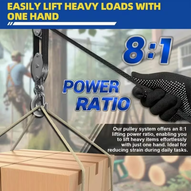 Heavy-Duty Block & Pulley System – 4000lb Capacity, 8:1 Mechanical Advantage, Adjustable Height, 65ft Rope, Lockable Casters, for Lifting & Construction