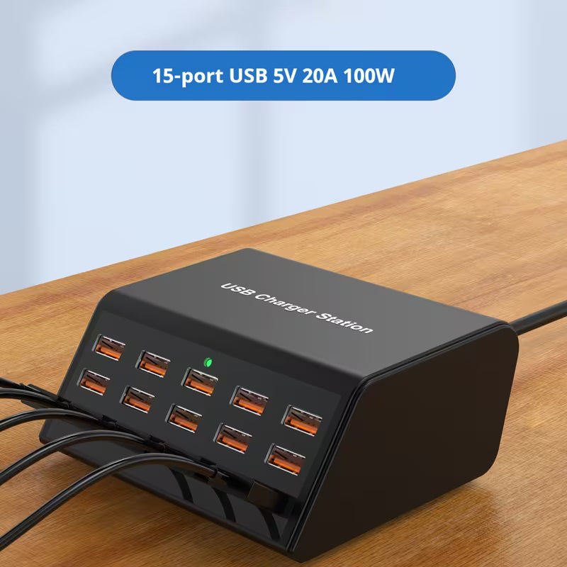 100W Charging Station – 15 USB Ports, Fast & Safe Charging for iPhone, Samsung, Android & Tablets