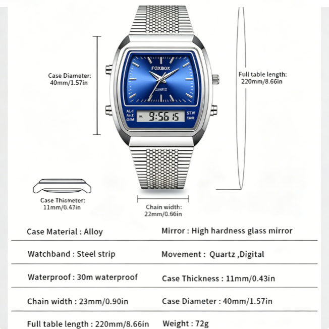 Modern Casual Digital Analog Watch with Stainless Steel Band, Unisex Quartz Timepiece, Luminous Dial, Waterproof – Great Father's Day Gift