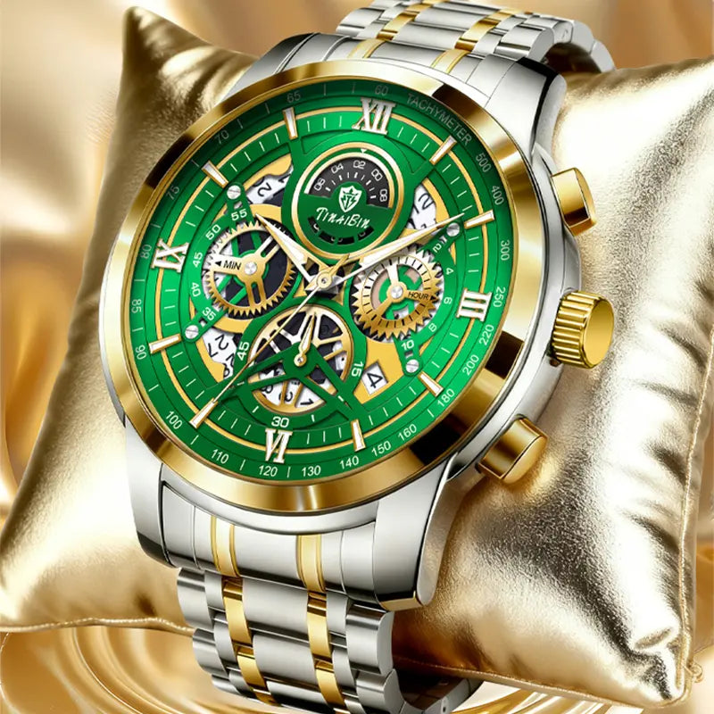 Multifunctional Luxury Men's Watch – Swiss Movement, Dual Calendar, Mechanical Style, Sapphire Crystal, Stainless Steel Strap, Luminous Waterproof Design