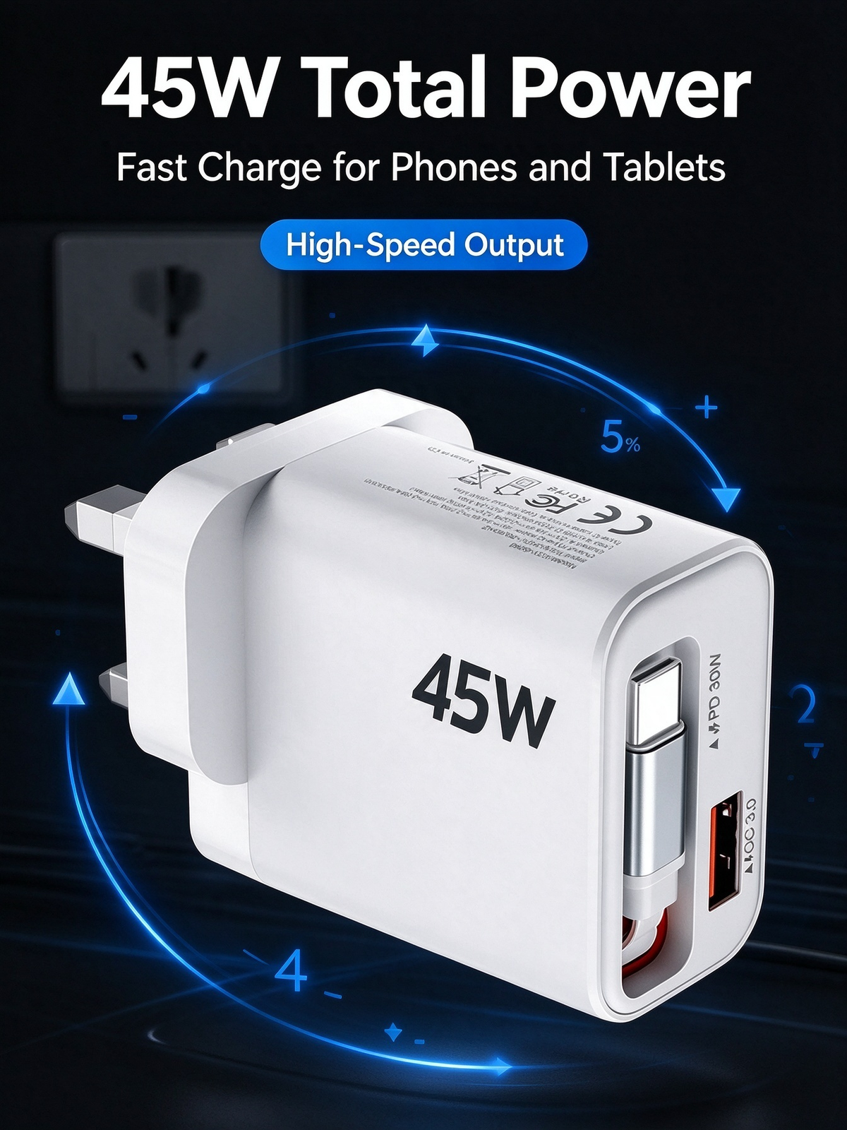 45W Fast Charger with Built-in Cable - Portable Charging Head for Quick Power Delivery