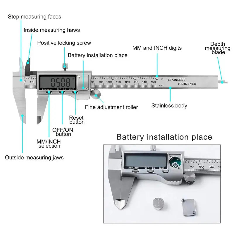 Digital Vernier Caliper – Stainless Steel, Electronic Display with Inch/mm Conversion, Portable & Accurate Hand Measuring Tool for Home Use