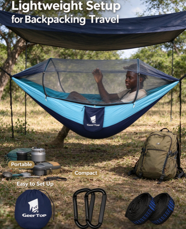 GEERTOP 3-in-1 Camping Hammock – with Mosquito Net & Sun Shelter, Double for Backpacking & Travel