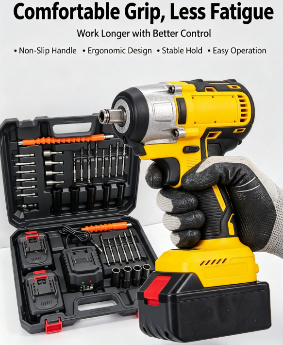 Brushless Impact Wrench – 1/2", 1500FT-LBS, 2 Batteries + Fast Charger for Auto Repair
