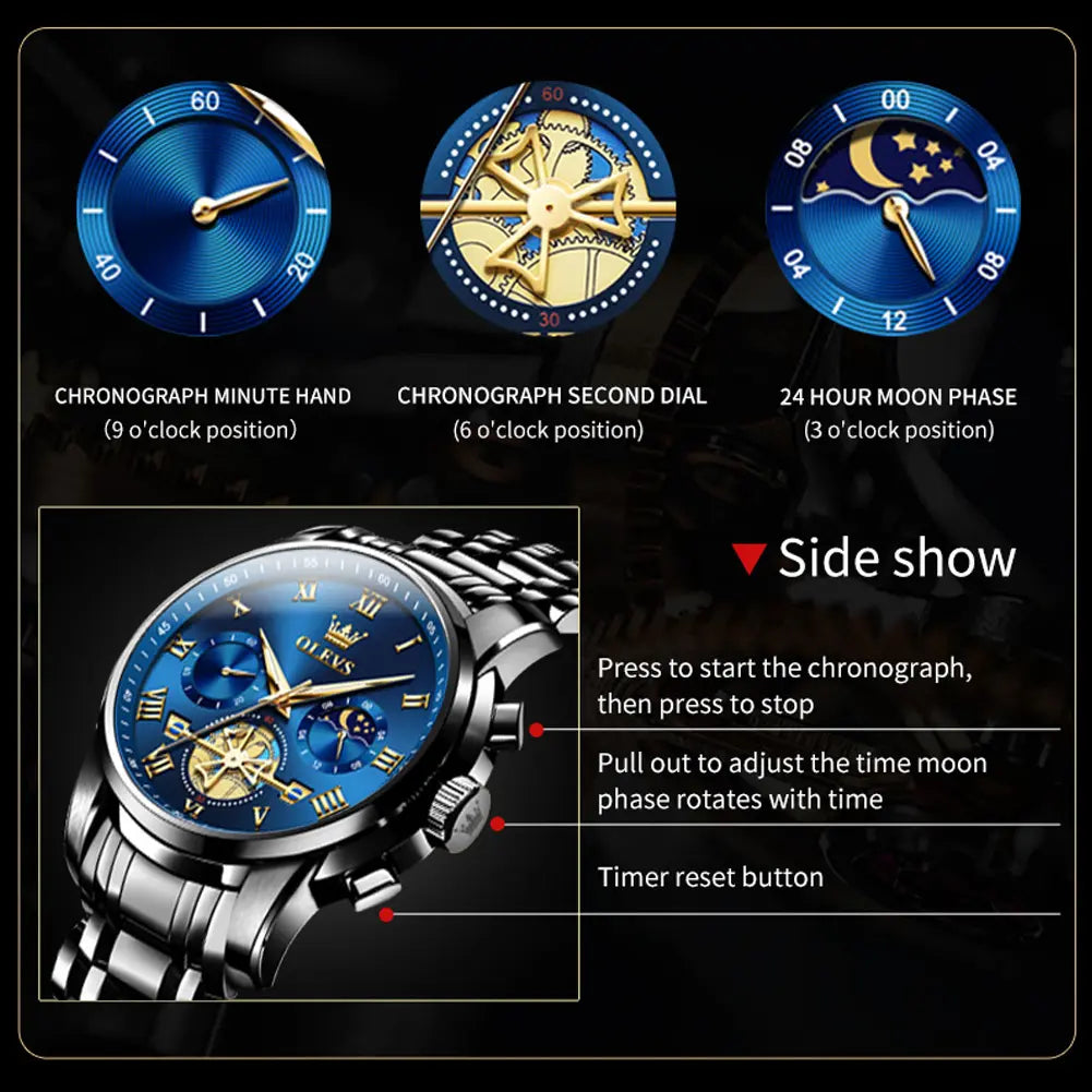 OLEVS G2859 Men's Chronograph Business Dress Quartz Watch – Stainless Steel, Waterproof, Luminous, Date Display, Casual Round Dial