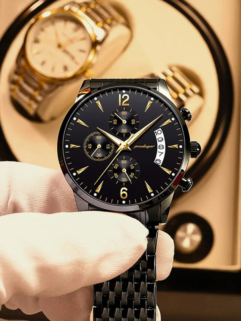 Men's Business Fashion Watch - Black Stainless Steel Strap, 30M Water Resistant, Calendar Quartz with Luminous Dial