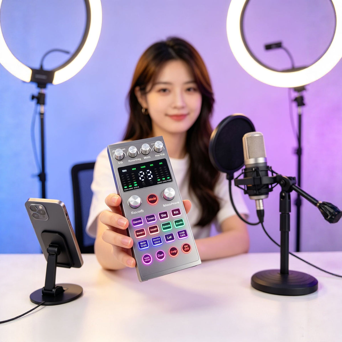AT11 External USB Sound Card Kit - Live Streaming and Karaoke Set with Noise Reduction and Voice Effects for PC