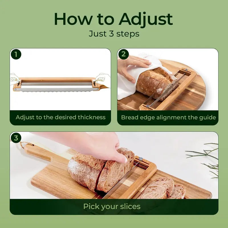 Adjustable Bread Cutter with Scale – Smooth Serrated Steel Blade, Bamboo Handle, Multi-Functional Kitchen Cutting Utensil & Gadget