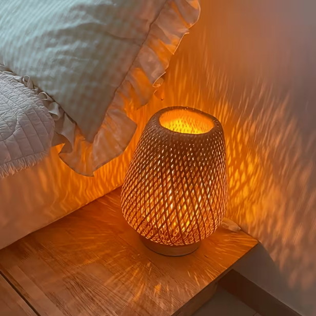 Wabi-Sabi Bamboo Woven Night Light – Vintage Hollow Table Lamp, Retro Zen Ambiance Light for Tea Rooms, Bedrooms, Guesthouses & Bedside