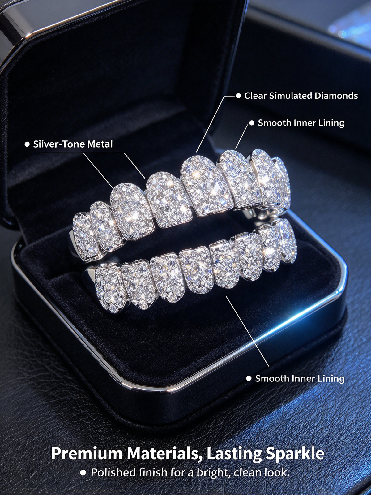 Hip-Hop Teeth Grillz - Silver Plated 10-Tooth Micro Pave Diamond Grills for Halloween and Party Accessories