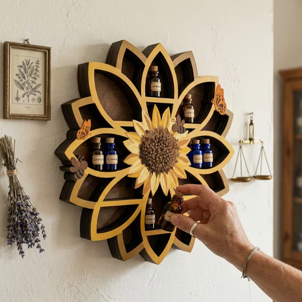 Wooden Sunflower Floating Shelves – Wall-Mounted Organizer with UV-Printed Spiritual Decor, Gemstones, Essential Oils & Meditation Art, Multi-Functional Storage for Living Room & Meditation Space
