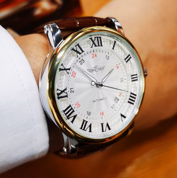Classic Business Automatic Mechanical Men's Watch – Luminous Hands, Calendar, White Dial, No Battery Required