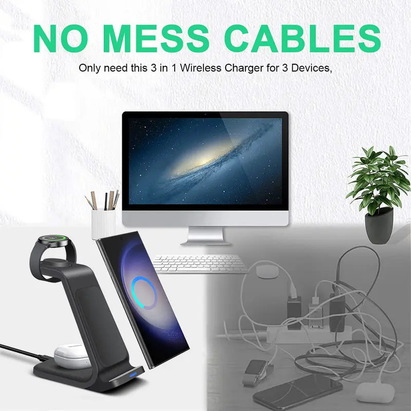 3-in-1 Wireless Charging Stand – 15W Fast Charging Dock for Samsung Galaxy Phones, Watches & Buds, Compatible with Z Fold/Flip, S Series, Watch 7/6/5/Pro, and More
