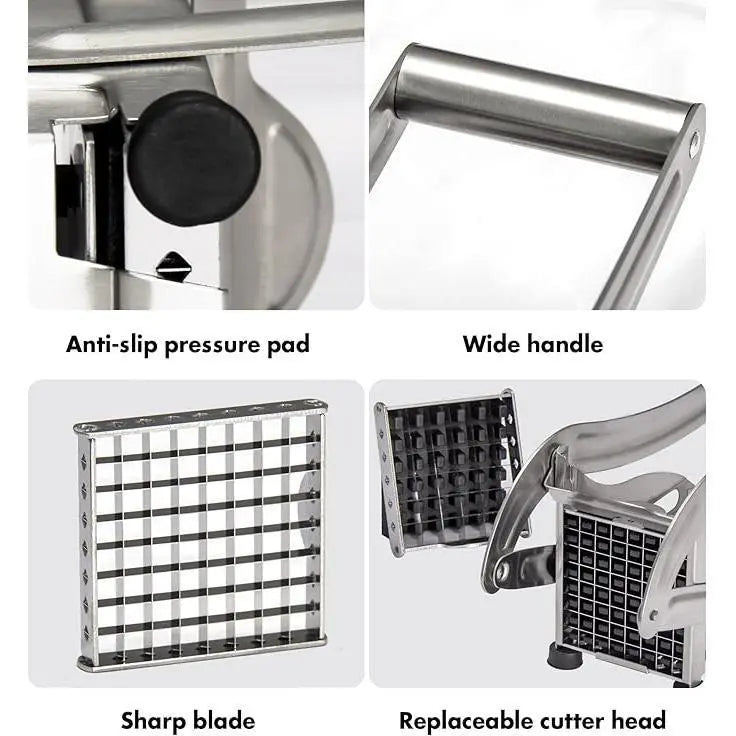 French Fry Cutter with 2 Blades – Professional Stainless Steel, Vegetable & Potato Slicer, Ideal for Air Fryer & Kitchen Use (Silver)