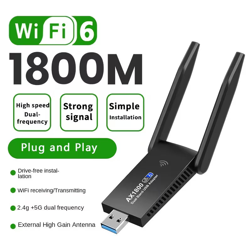 WiFi6 USB Adapter – 1800Mbps Dual-Band, 5.8G/2.4G, Plug-and-Play for Desktop & Laptop (Windows 10/11)