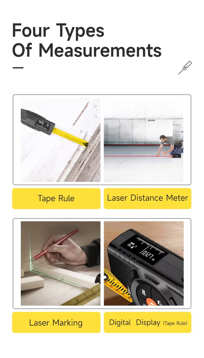 Rechargeable 3-in-1 Tape Measure, Laser Distance Meter & Laser Marker, 120m High-Precision Digital Range Finder, Instant Readout, Extended Laser Line
