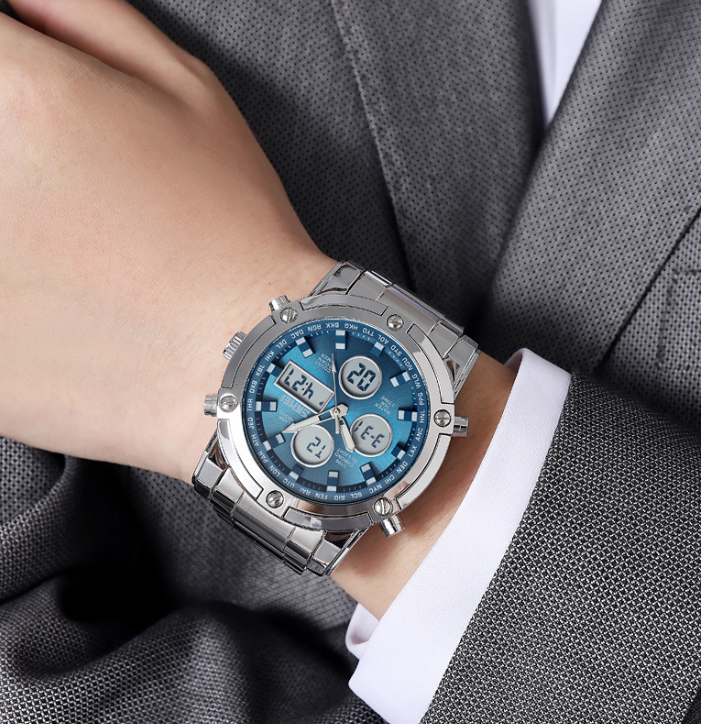 Men's 48mm Round Face Alloy Digital Watch – 30M Waterproof, Stainless Steel Strap, 3 Time Zones, Nightlight, Timer, Calendar, Alarm – Multifunctional Wristwatch