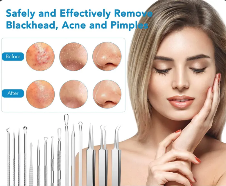 16PCS Stainless Steel Skin Care Tool Set, Pimple Extractor Kit with Metal Storage Box