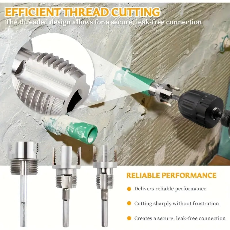 3-Piece Heavy-Duty Alloy Pipe Threading Tool Set - Electric Drill Compatible PVC/Plastic Pipe Threader for DIY & Professional Plumbing