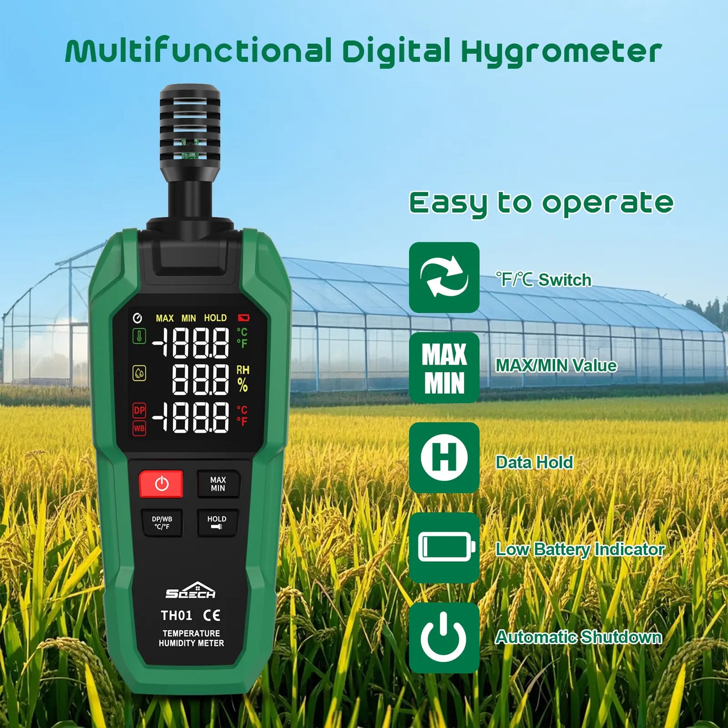 High Precision Digital Hygrometer & Thermometer – Measures Ambient, Relative Humidity, Dew Point, Wet Bulb, Color Backlight & Flashlight, Max/Min & Data Hold – Ideal for Industrial & Home Use