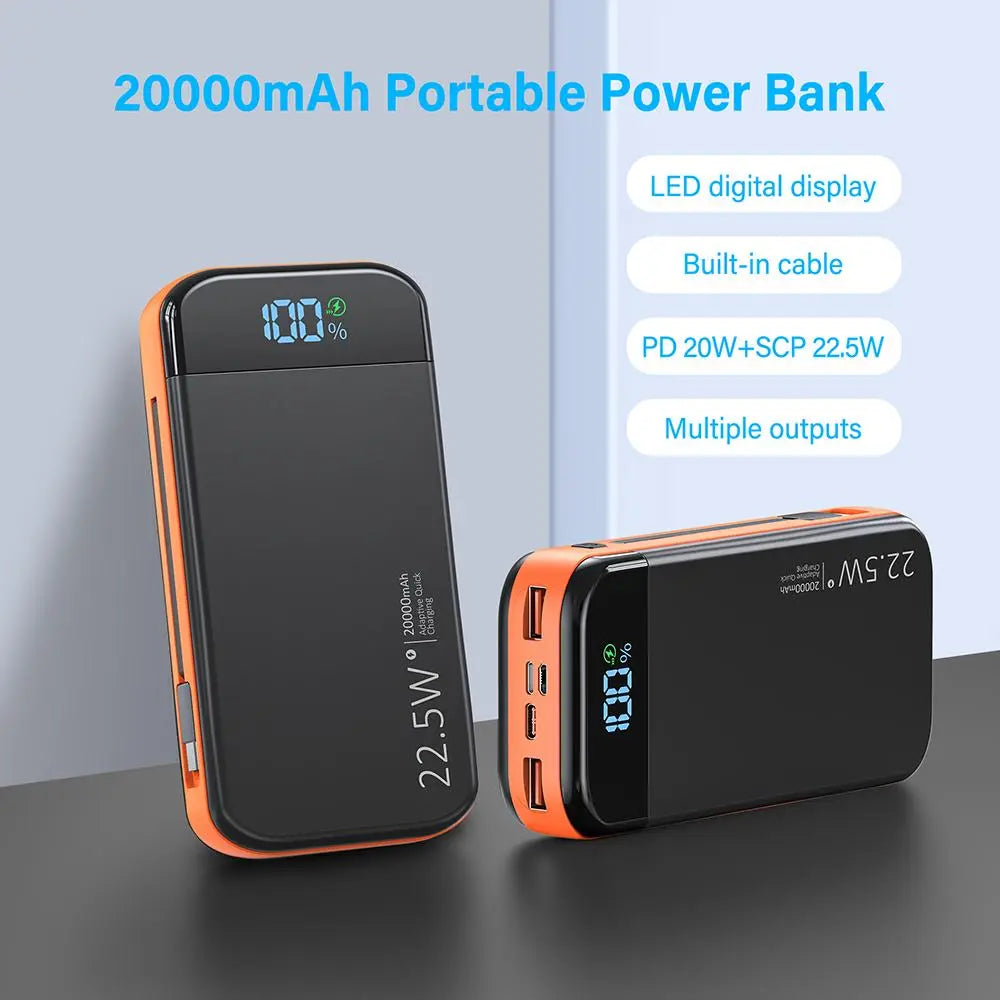 20000mAh Portable Power Bank with Built-in 2 Cables - PD20W Fast Charging, LED Digital Display, Large Capacity Charger for iPhone, Galaxy, iPad and Electronic Devices