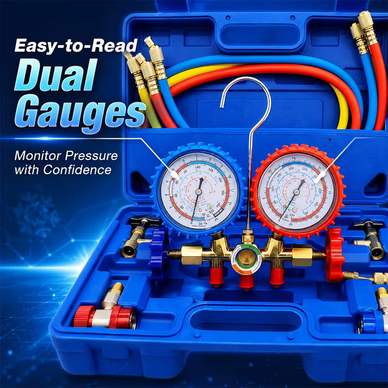 Air Conditioning Manifold Gauge Set – R134a/R12/R22/R404A, 3-Channel with Anti-Vibration Design