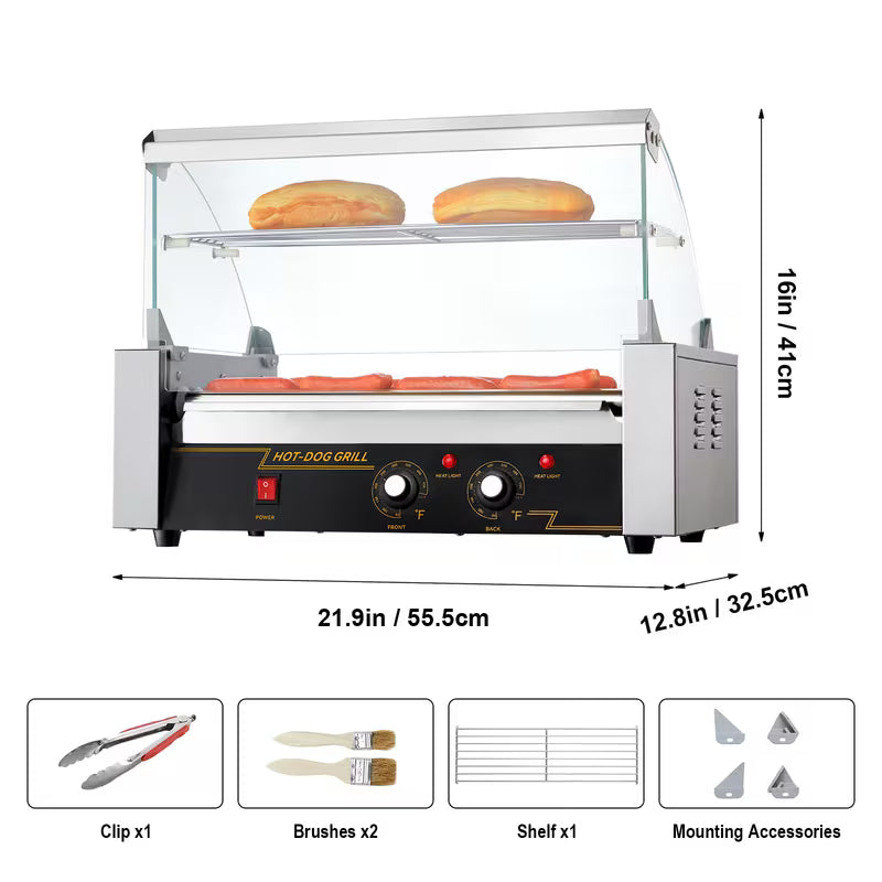 7-Roller Hot Dog Machine – 18 Hot Dogs, 1400W, Dual Temp Control with Bun Warmer & Glass Hood