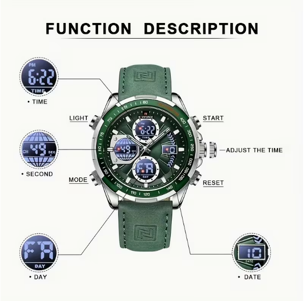 Men's Multifunctional Dual Display Sports Watch – Green, Luminous, Casual Fashion Style with Comfortable Strap