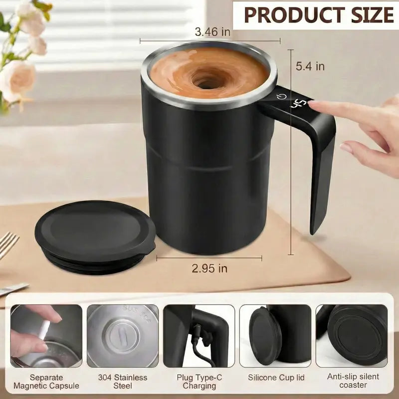 Electric Self-Stirring Coffee Mug – Magnetic Automatic Mixing Cup, Rechargeable with LCD Thermometer, Ideal for Milk, Cocoa, Tea at Office, Kitchen & Travel