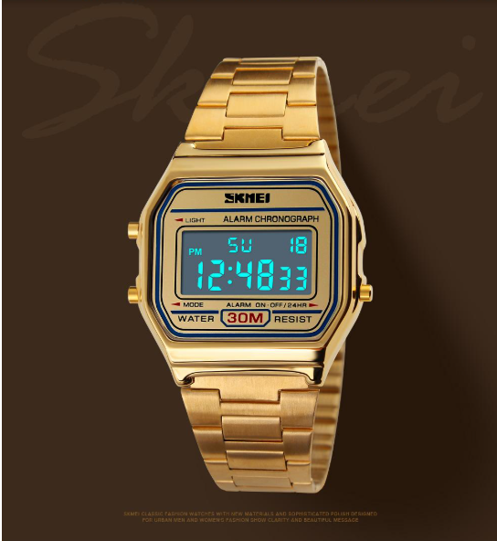 Men's Digital Outdoor Sport Watch – Gold Stainless Steel, Backlit Display, Multifunction, Stopwatch, Waterproof
