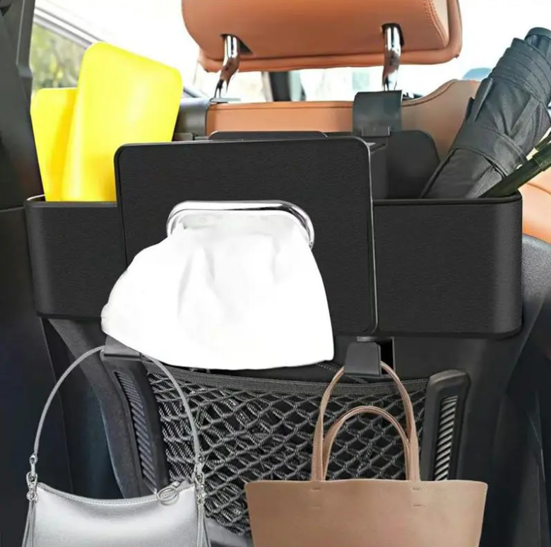 Black Car Seat Back Storage Organizer, Non-Woven Fabric Car Storage Bag with Tissue Holder, 2 Cup Holders & Bag Hooks for Rear Seat