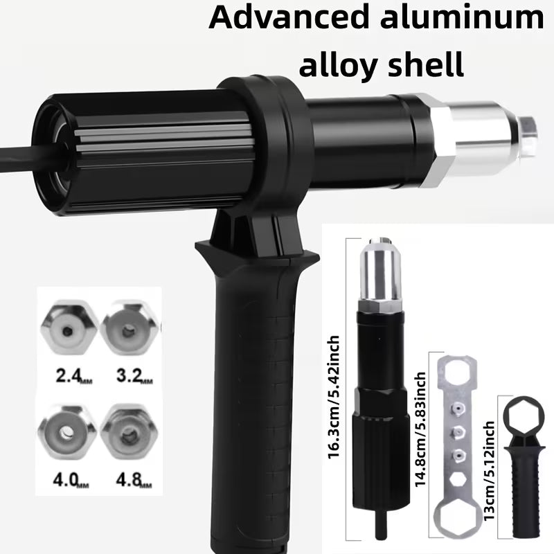 Rivet Gun Kit – Nylon or Aluminum Alloy Casing, 4 Tip Sizes, Fits Electric Drills (Accessories Only, No Rivet Gun Included)