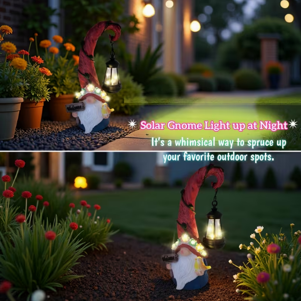 Indoor/Outdoor Solar-Powered LED Gnome Statue with Lantern – Resin Figurine, IP44, for Patio, Porch & Garden Decoration