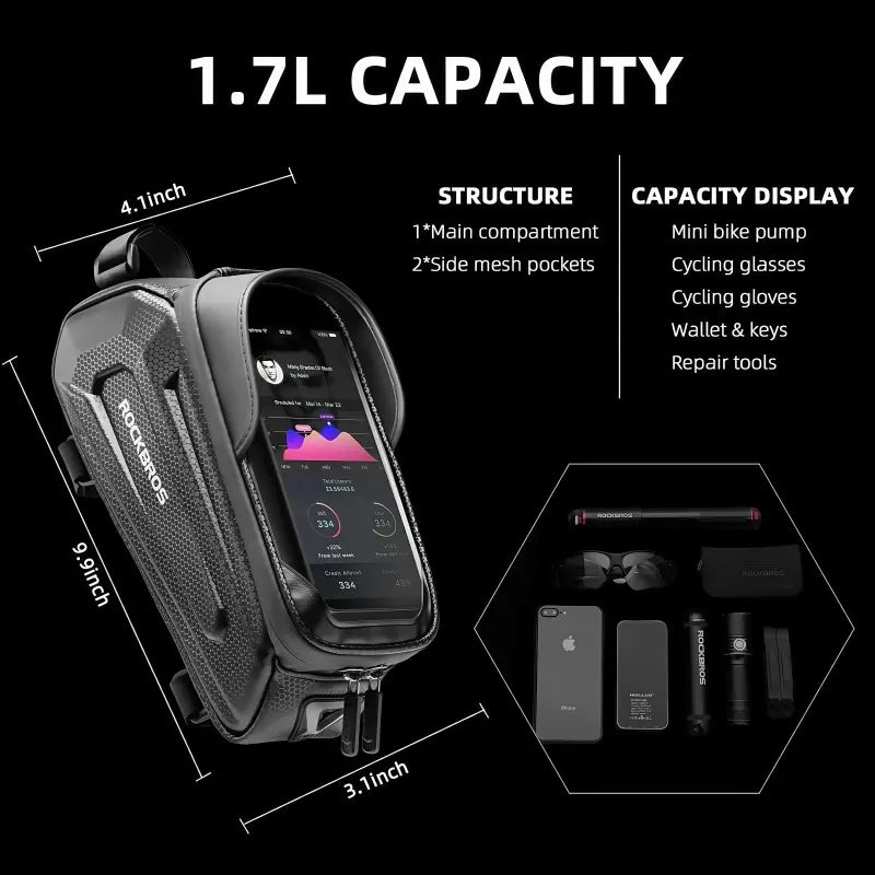 ROCKBROS Bike Bag E-Bike Phone Mount Bag - Water Resistant EVA Top Tube Frame Bag for Phones Under 6.8 Inches