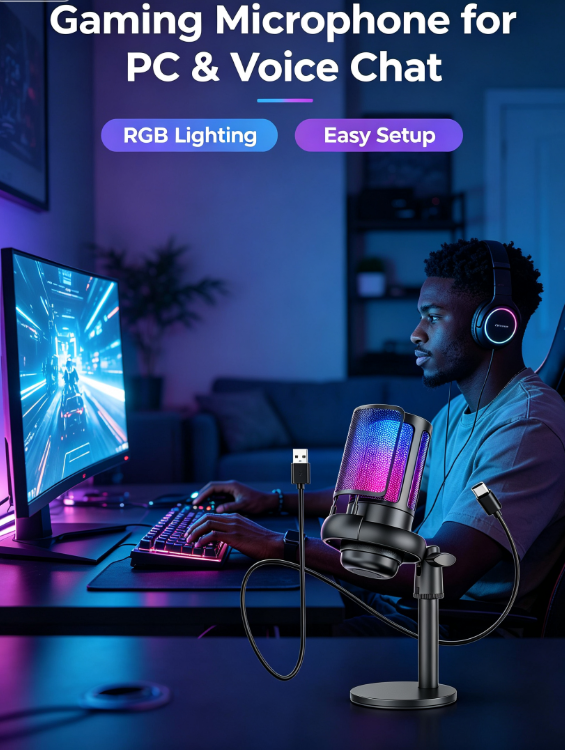 USB Condenser Microphone – RGB Lights, Plug & Play for Gaming, Streaming, Podcasting & Karaoke