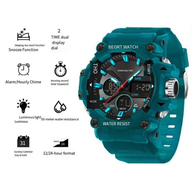 Men's Sporty Waterproof Digital Watch – Round Dial, Mechanical Style, Casual Design, Analog-Digital Display, All-Season Wear, Water Resistant