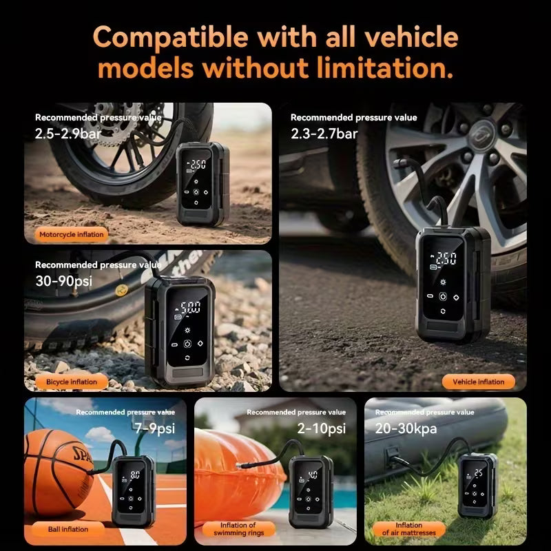 Portable Air Compressor Inflator, 150PSI Smart Digital Auto-Shutoff Pump with Emergency LED Light for Car, Motorcycle, Bike & Balls