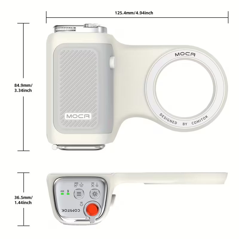 COMITOK MOCA Handheld Phone Grip – Mirror + LED Fill Light, One-Tap Camera, Rechargeable Remote for Creators