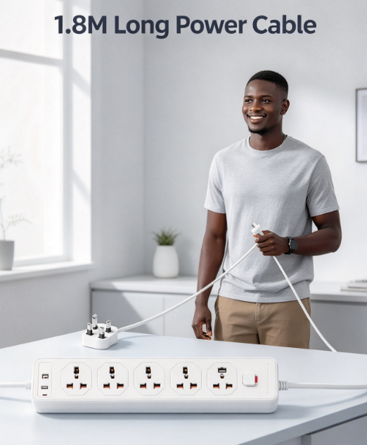 New Universal Power Strip with USB - 5 Sockets + 2 USB-A + 2 Type-C with Master Switch