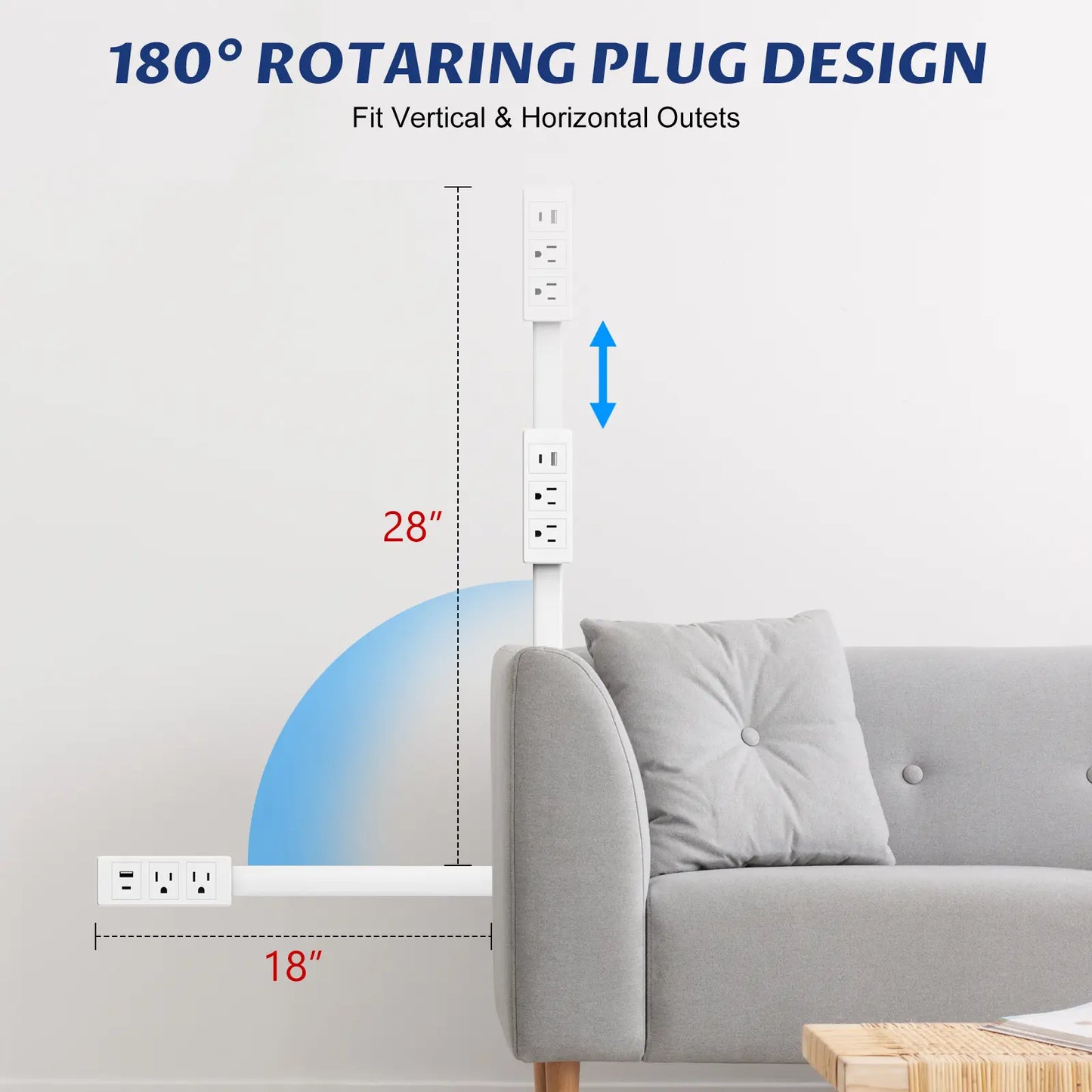 Outlet Extender - Fire-Safe Design, Extendable 18-28 Inches with USB-C, USB-A and 2 AC Outlets, 180° Rotating Plug Adapter for Hard-to-Reach Sockets