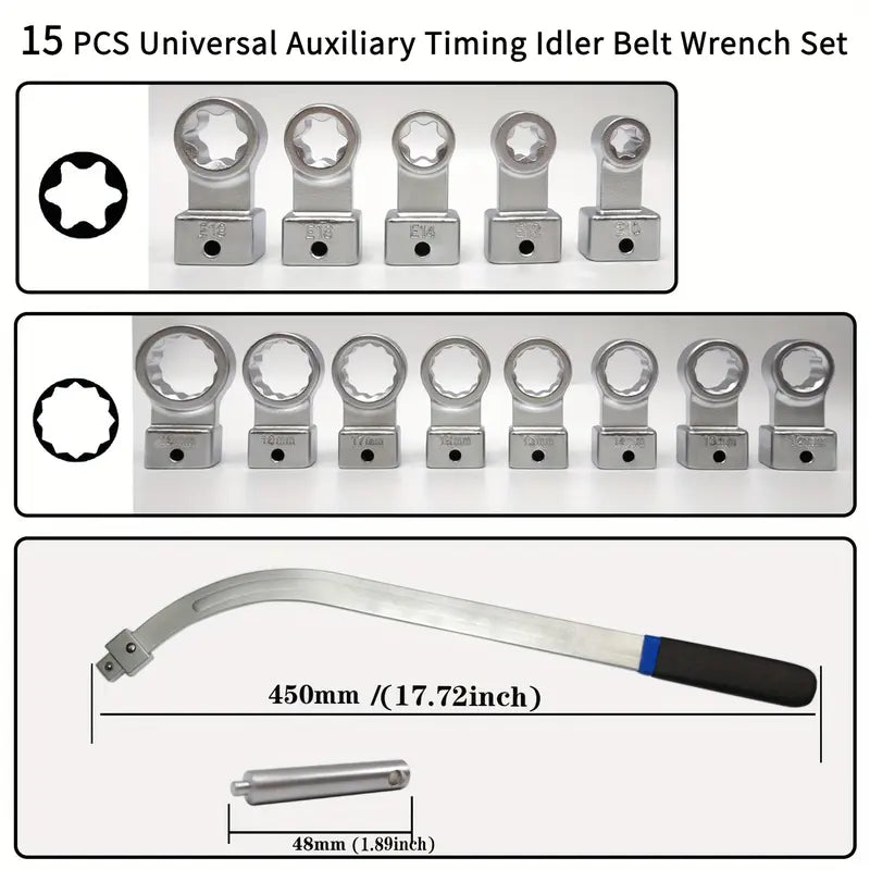 15-Piece Universal Belt Tensioner Pulley Removal Tool Kit – Serpentine Belt Wrench Set for Engine Timing, Nut, Bolt & Screw Remover