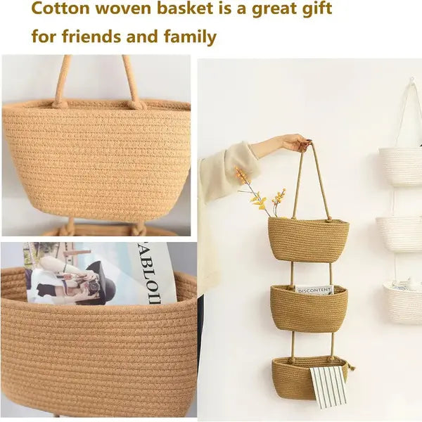 Handmade Woven Cotton 3-Tier Over-the-Door Basket – Wall-Mounted Jute Storage Organizer, Decorative Nursery Baskets for Diapers & Toys