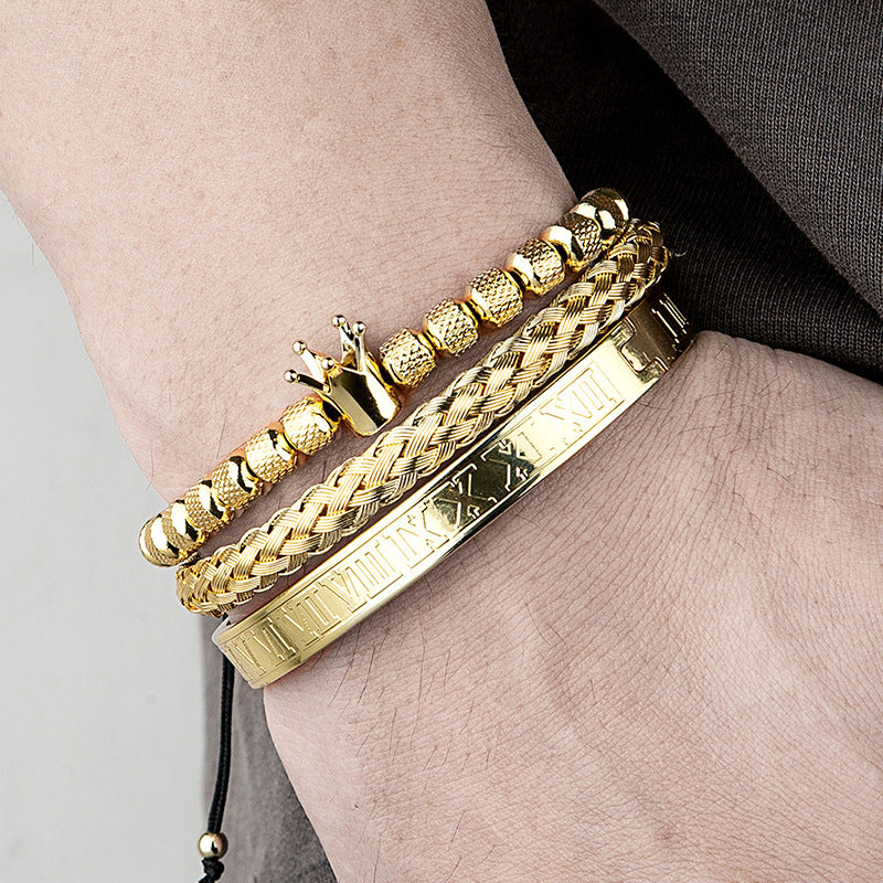 Elegant Men's Braided Bracelet – Crown & Roman Numeral Decor, Fashionable Accessory for Party & Daily Styling, Great Birthday Gift