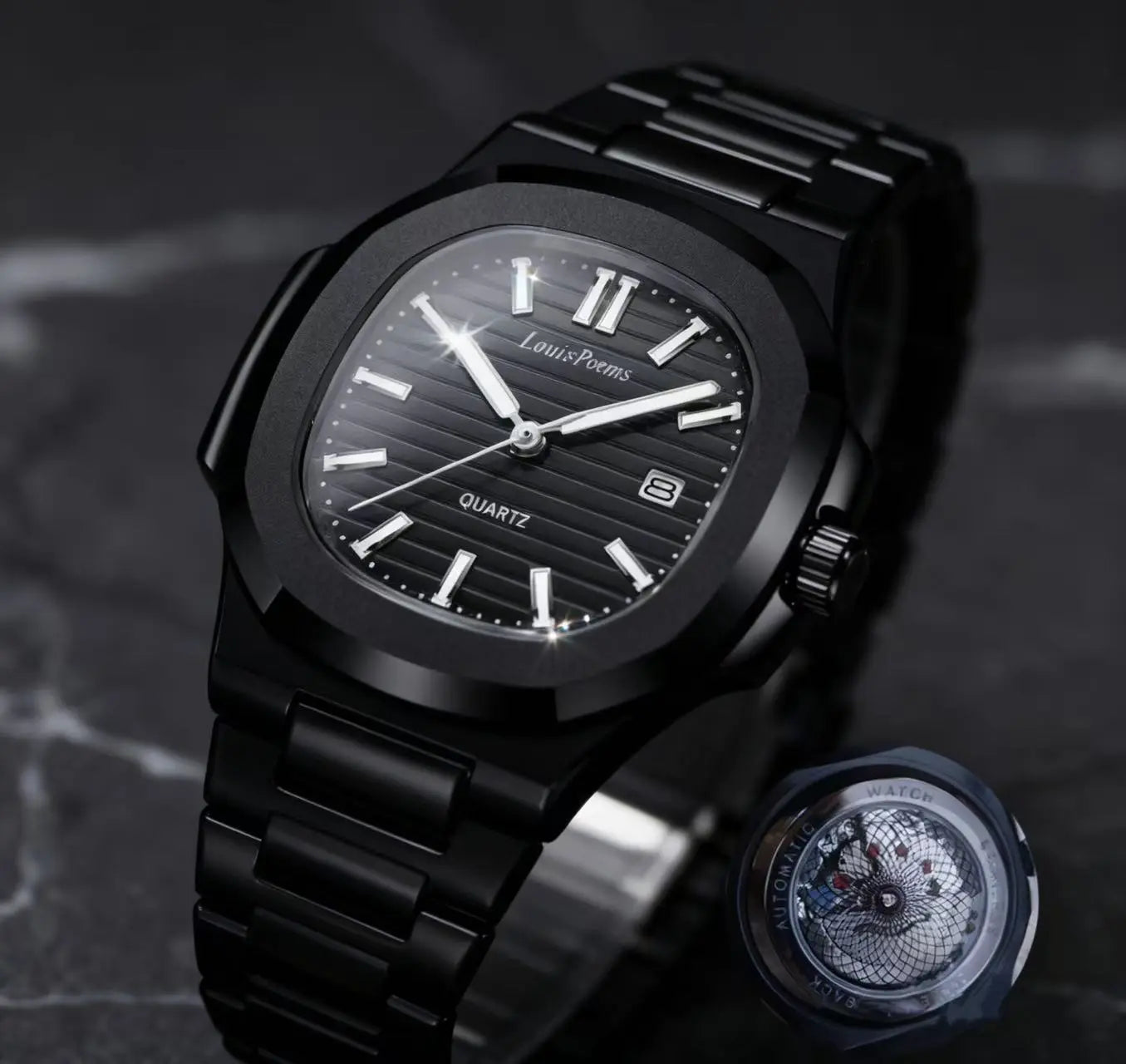 Louis Poems Nautilus Men's Business Fashion Watch - Pure Black Analog Quartz, Water Resistant, Elegant Wristwatch