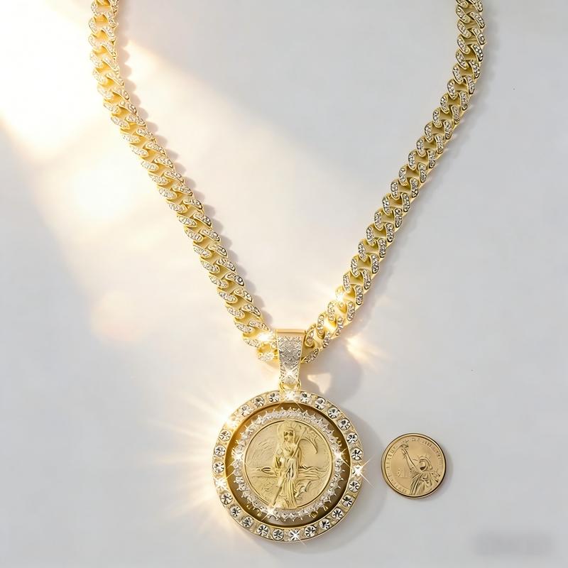 2-Piece Saint Motif Rotating Pendant Necklace Set - Religious Bohemian Jewelry for Men and Women