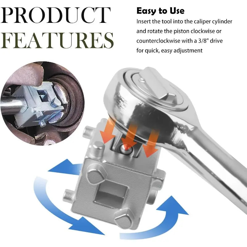 2-Piece Cube Brake Caliper Compression Tool - 3/8" Square Drive, 5-Side Disc Brake Piston Adjuster for Rear Brakes